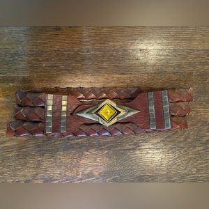 Vintage Boho Statement Cognac Leather with Jeweled brass accents! Size M